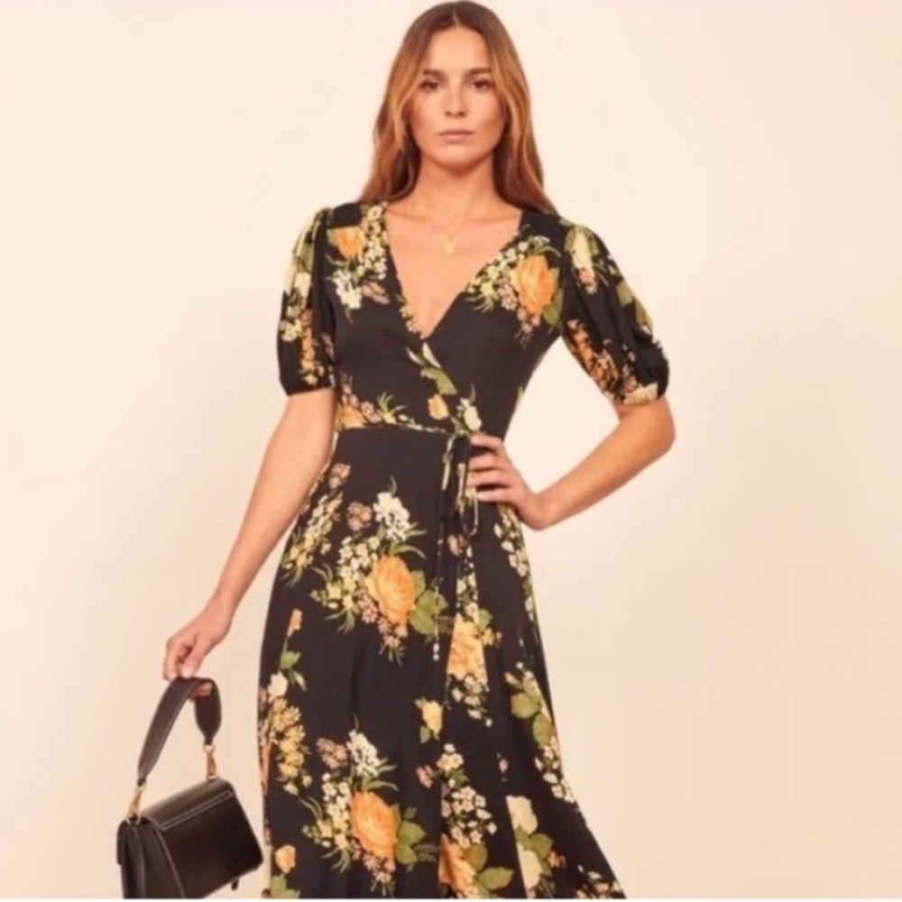 Reformation Augustina  Floral Wrap Midi Dress Black Yellow Puff Sleeve Size S
